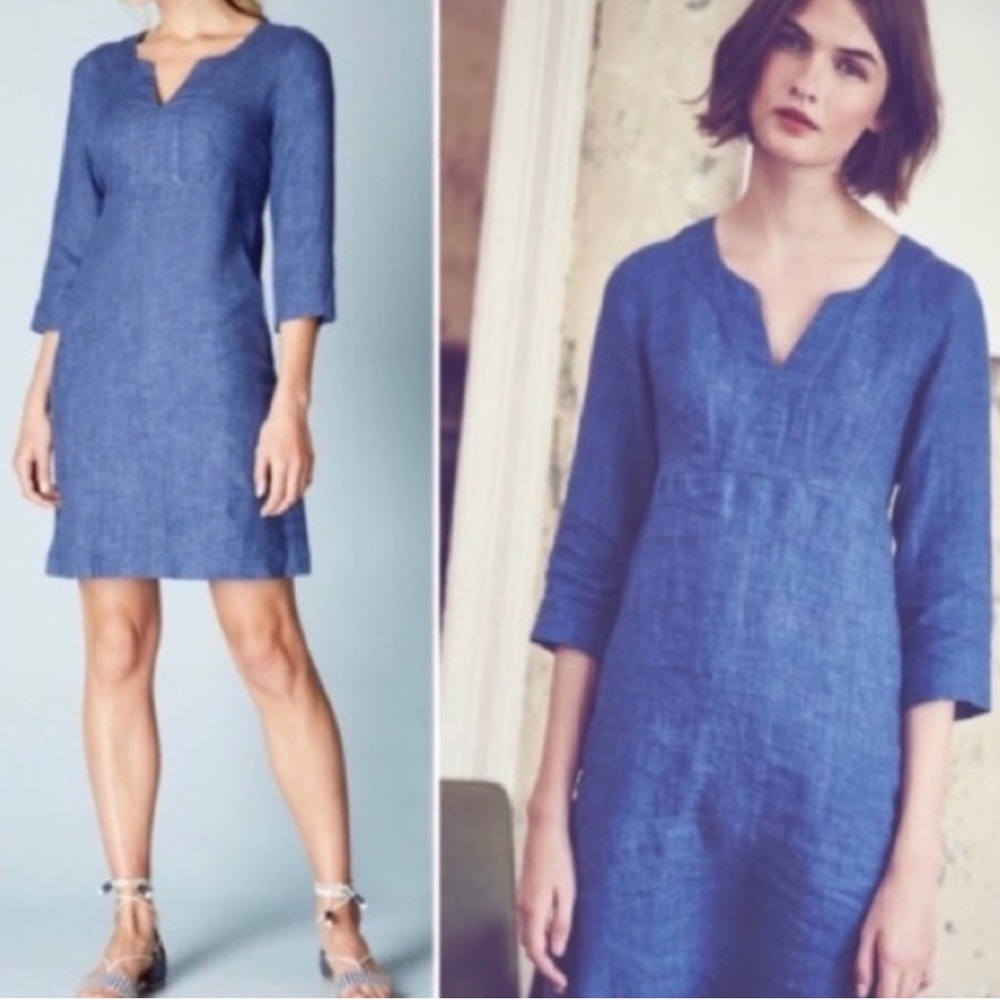 Boden 100% Linen Blue 3/4 Sleeved Dress - Picture 3 of 10